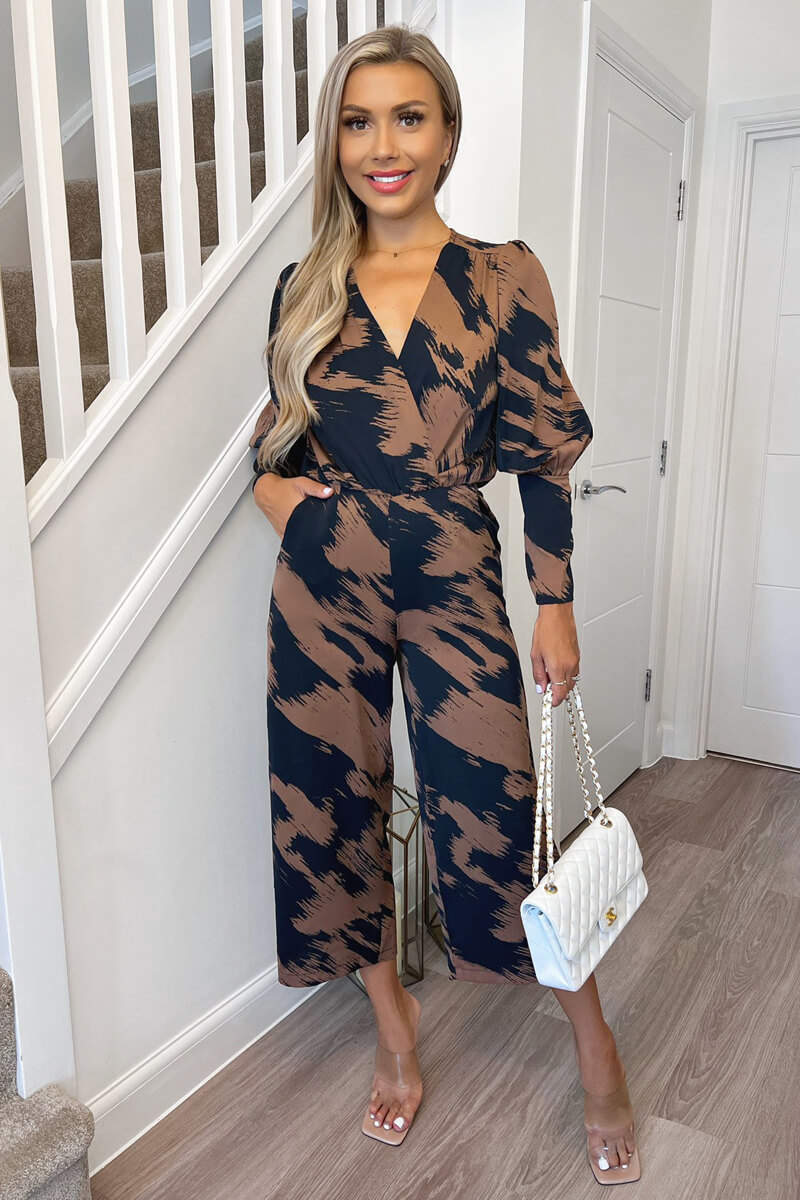 Brown and Navy Printed Wrap Top Culotte Jumpsuit