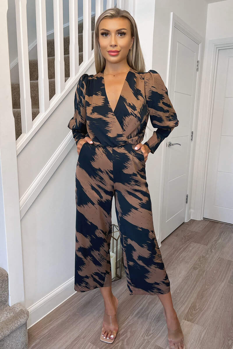 Brown and Navy Printed Wrap Top Culotte Jumpsuit