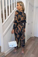 Brown and Navy Printed Wrap Top Culotte Jumpsuit