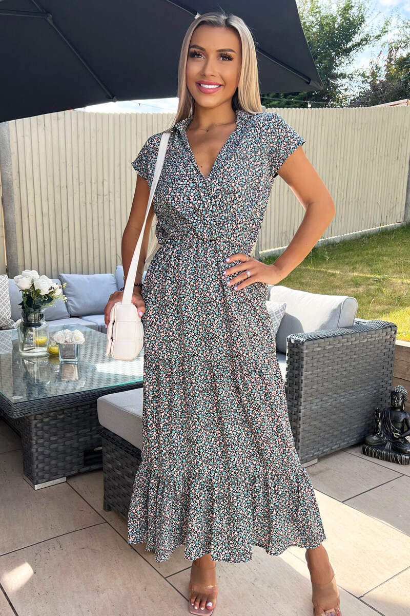 Black Floral Print Short Sleeved V-Neck Midi Smock Dress – AX Paris