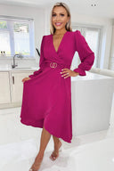 Magenta Long Sleeve Belted Midi Dress