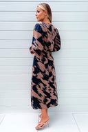 Brown And Navy Printed Long Sleeve Midi Dress