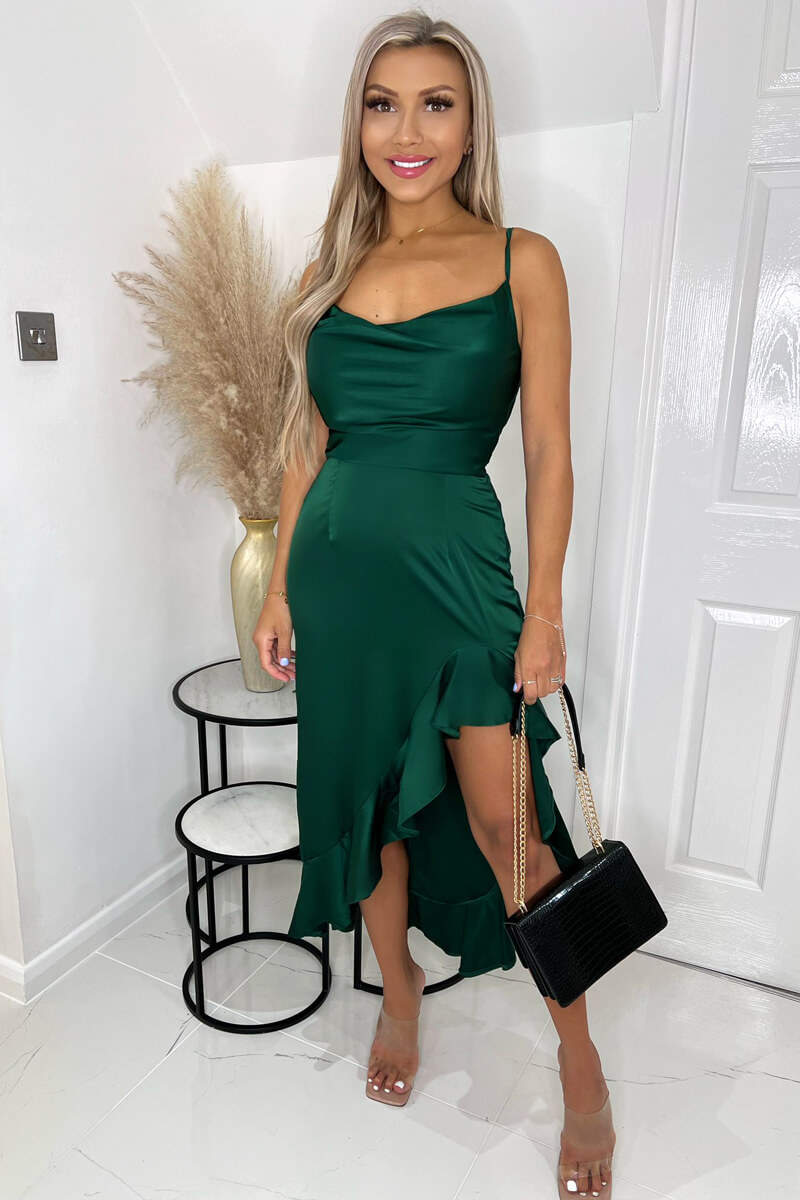 Green Satin Cowl Neck Frill Hem Midi Dress – AX Paris