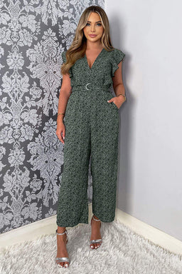 Sage And Black Printed Wrap Front Belted Jumpsuit