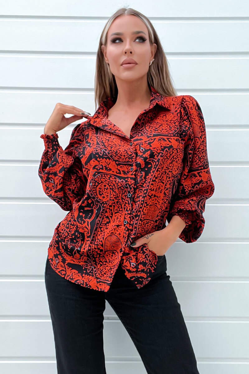Red And Black Printed Long Sleeve Shirt