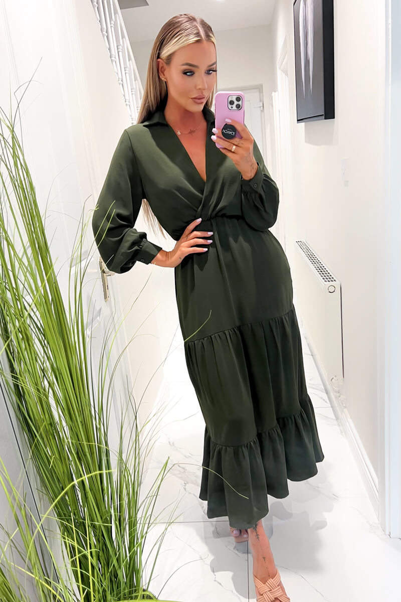 Olive Long Sleeve Wrap Top Smock Midi Dress – AX Paris