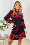 Black and Red Long Sleeve Printed Mini Dress