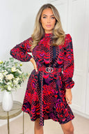 Black Printed Long Sleeve High Neck Belted Mini Skater Dress