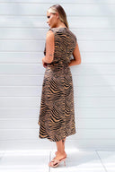 Camel Zebra Print Shoulder Padded Midi Dress