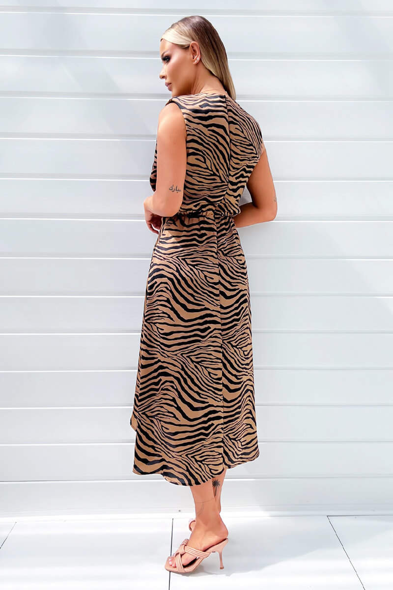 Camel Zebra Print Shoulder Padded Midi Dress