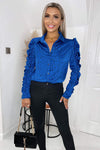 Blue And Black Printed Long Ruched Sleeve Shirt