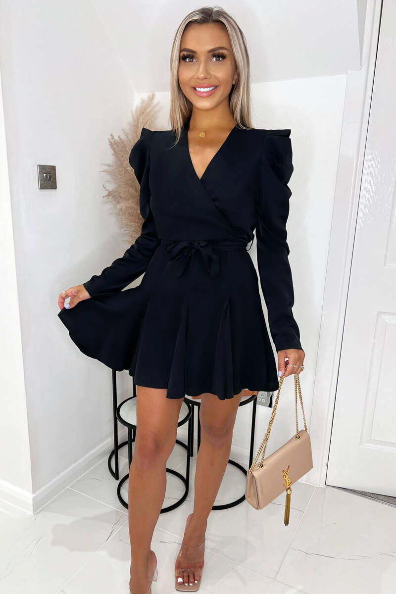 Black Long Sleeve Tie Waist Skater Dress AX Paris Black Long Sleeve Tie Waist Skater Dress AX Paris