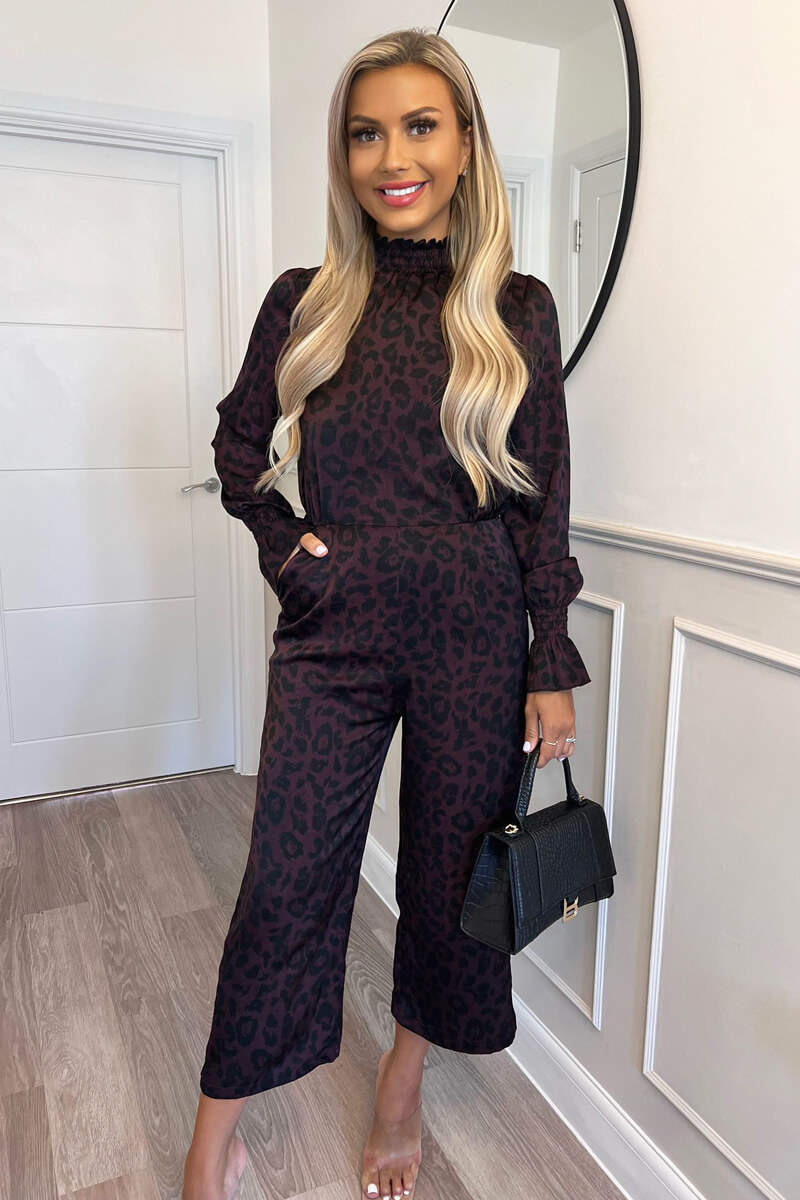 Plum Animal Print High Neck Long Sleeve Jumpsuit – AX Paris