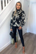 Black And Cream Marble Print  Long Sleeve Top