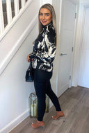 Black And Cream Marble Print  Long Sleeve Top