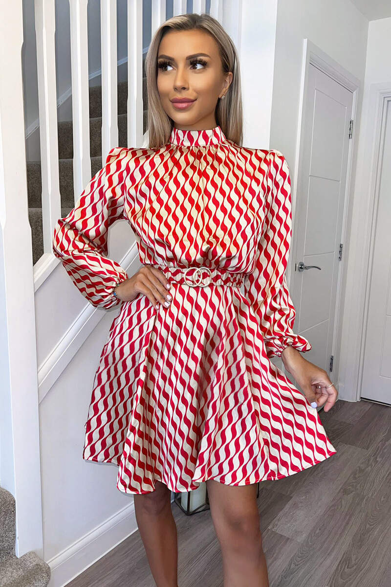 Red and Stone Printed Long Sleeve Skater Dress AX Paris