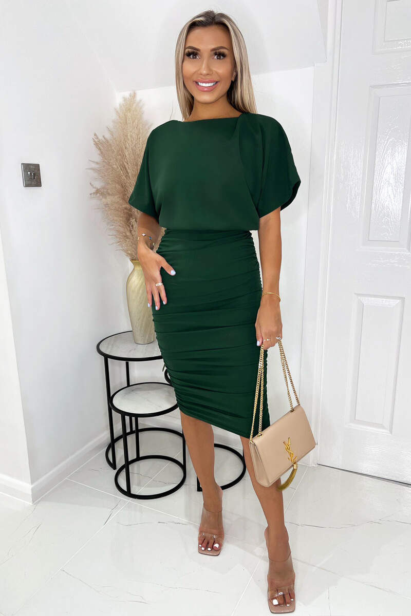 Forest Green Short Sleeve Side Ruched Midi Dress AX Paris Forest Green Short Sleeve Side Ruched Midi Dress AX Paris