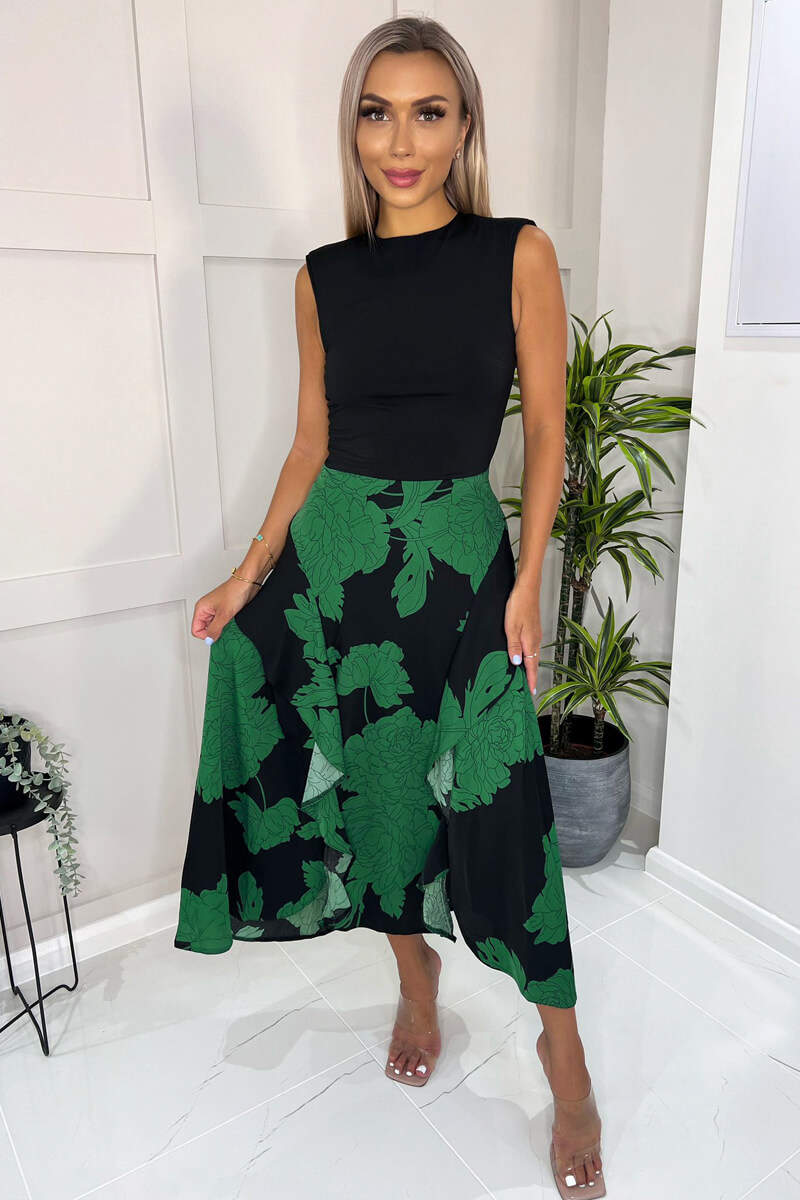 Green And Black Floral Print 2 in 1 Midi Dress AX Paris Green And Black Floral Print 2 in 1 Midi Dress AX Paris