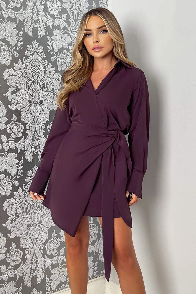 Plum Tie Wrap Long Sleeve Mini Dress โ AX Paris