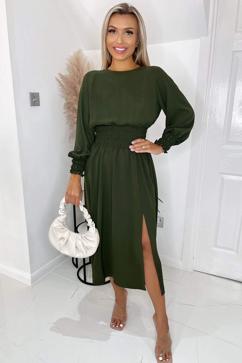 knee length dresses for ladies Khaki Printed Elasticated Waist Midi Dress – AX Paris main image 1
