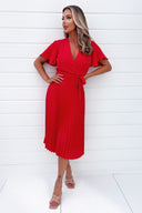 Red Belted Pleated Skirt Midi Dress