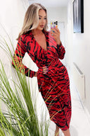 Red And Black Printed Long Sleeve Wrap Belted Midi Dress