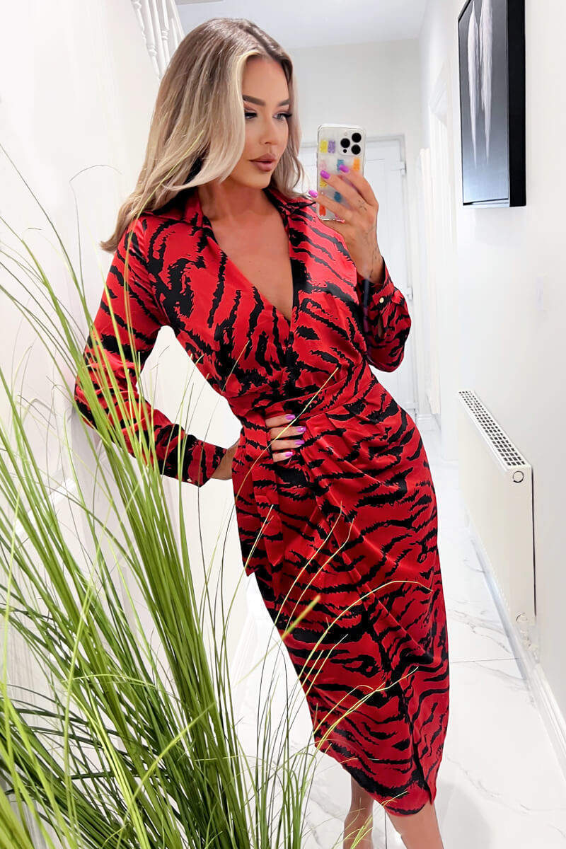 Red And Black Printed Long Sleeve Wrap Belted Midi Dress AX Paris Red And Black Printed Long Sleeve Wrap Belted Midi Dress AX Paris