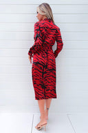 Red And Black Printed Long Sleeve Wrap Belted Midi Dress