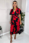 Black And Red Floral Print Pleated Midi Dress