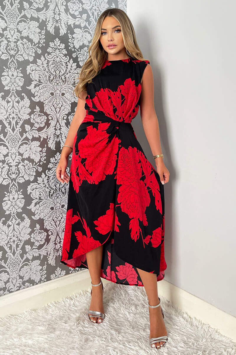 Black And Red Floral Print Wrap Midi Dress – AX Paris
