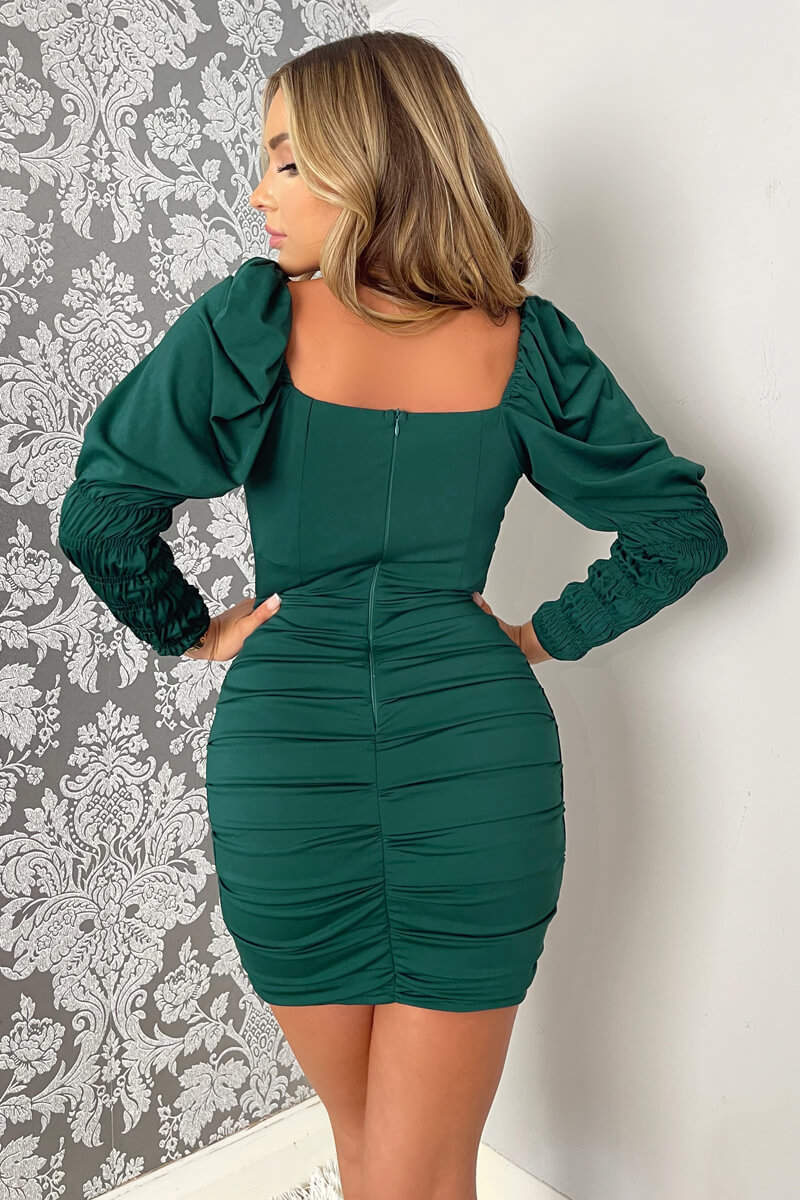 Teal Shirred Sleeve Ruched Skirt Mini Bodycon Dress