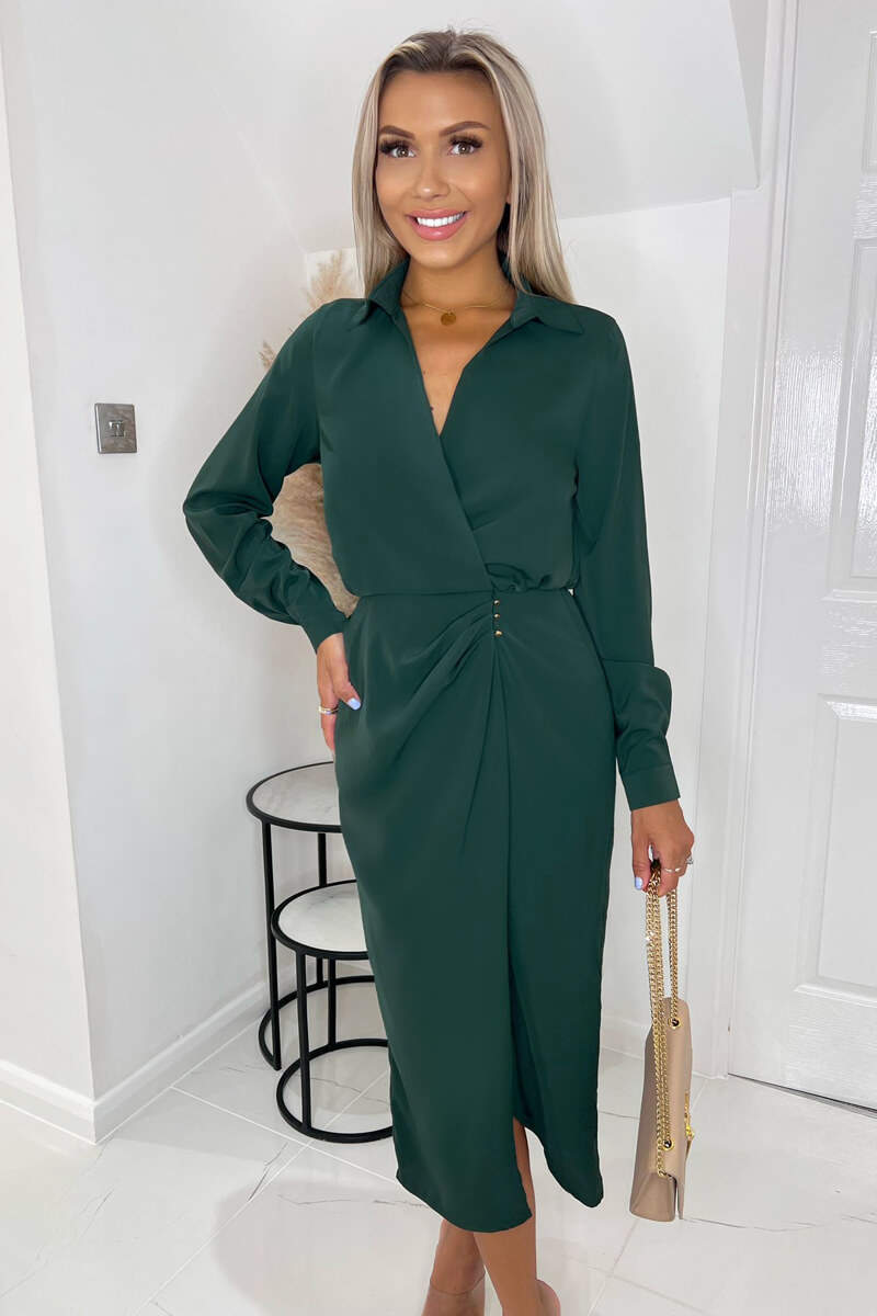 long sleeve ruched wrap dress boohoo Women's Cotton Ruched Wrap Shirt Dress in Taupe