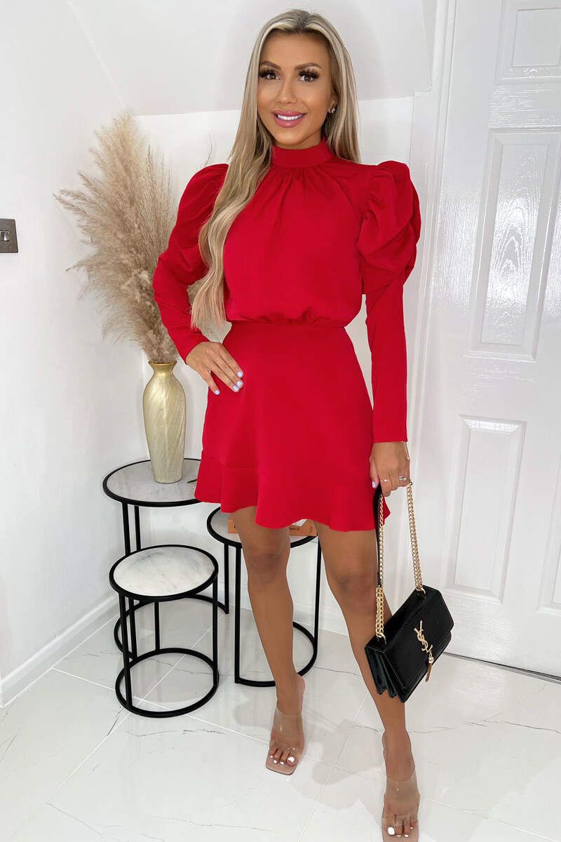 open lace back dress Red Puff Sleeve Skater Dress – AX Paris