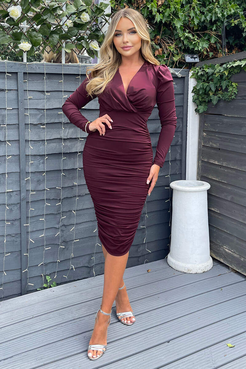 Plum Ruched Long Sleeve Cross Front Midi Dress