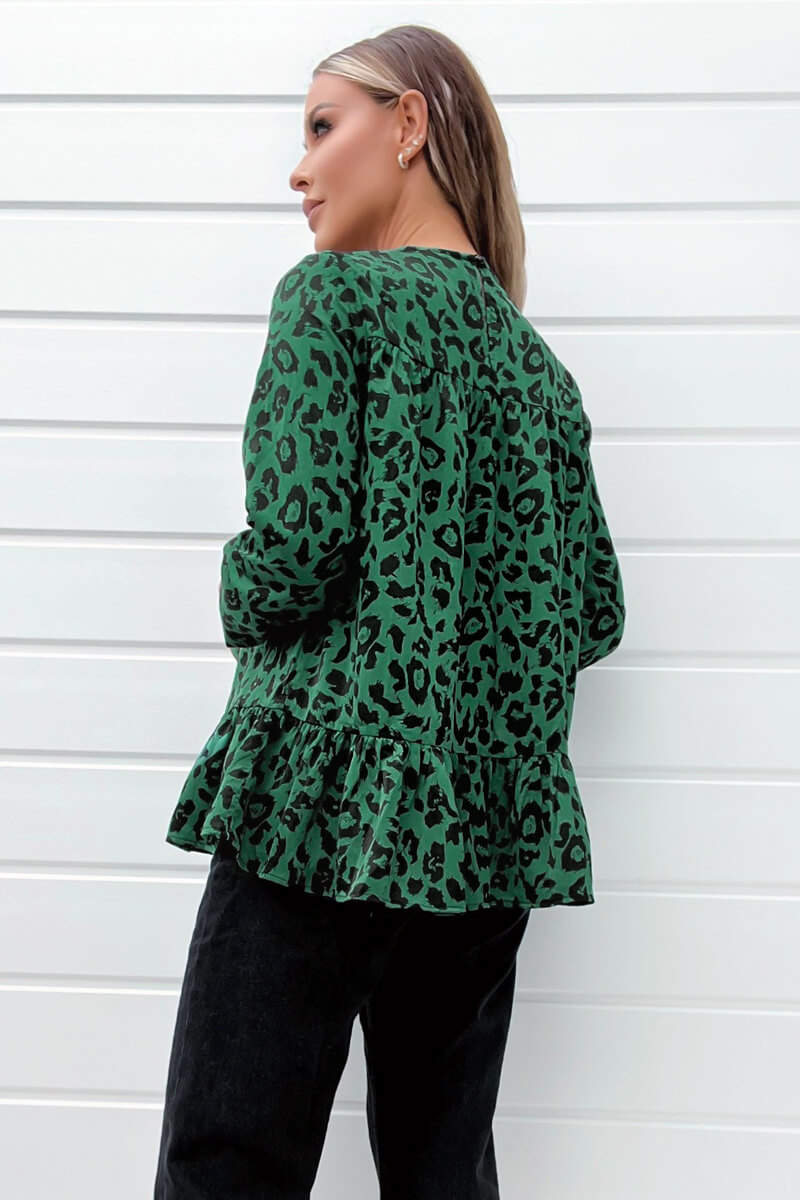 Green And Black Animal Print Long Sleeve Smock Top