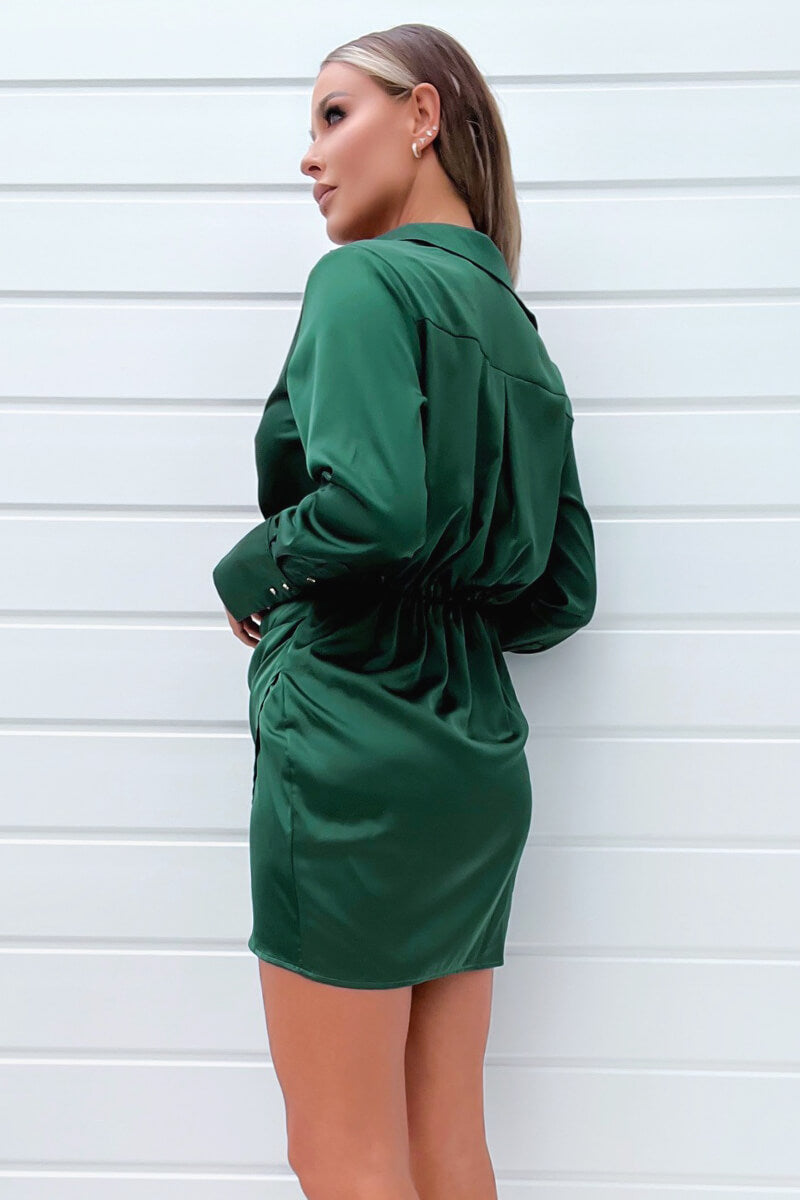 Green Satin Wrap Shirt Dress