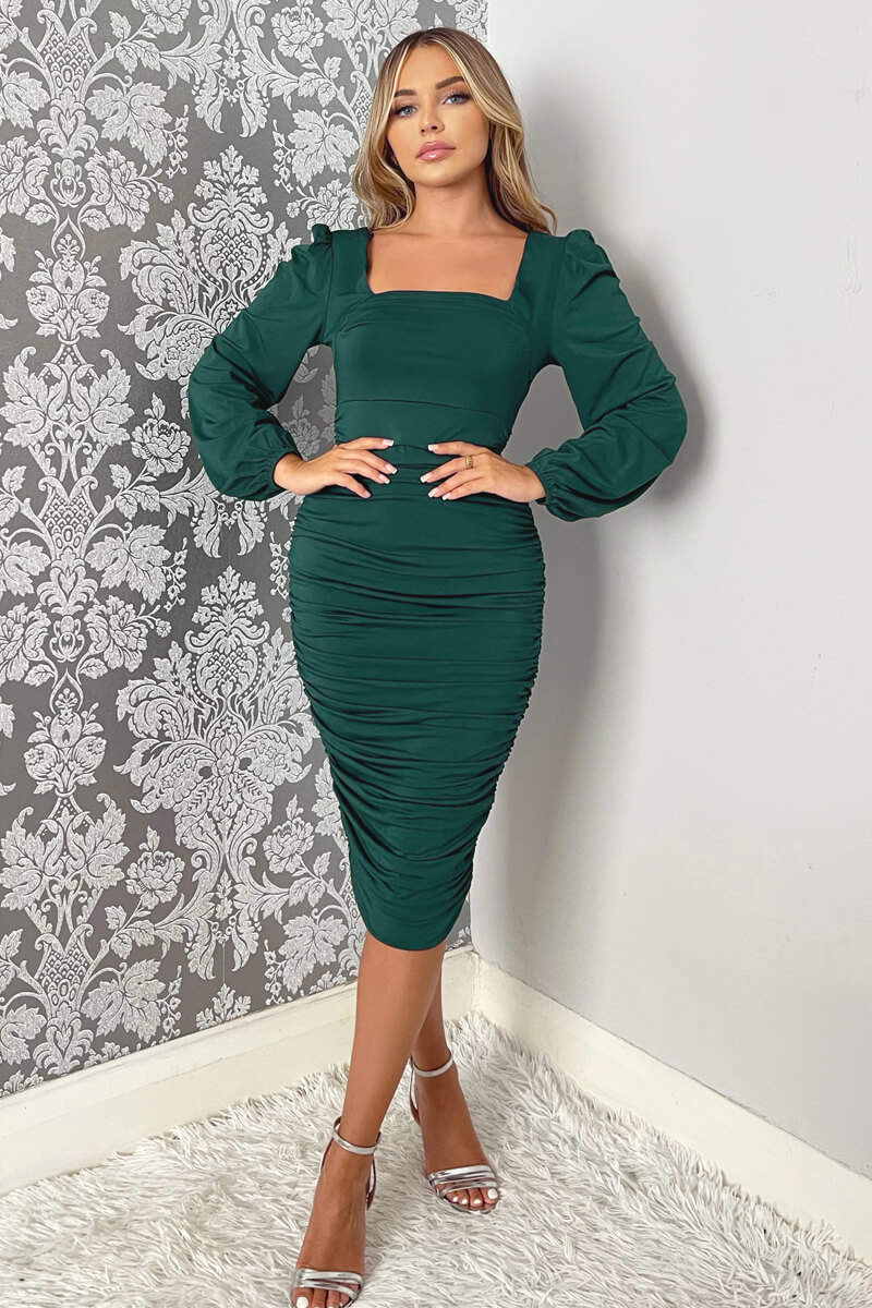 knee length dresses for ladies Square Neck Long Sleeve Midi Dress S / Burgundy