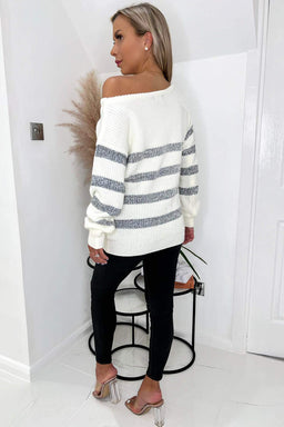 Cream and Grey Striped Off The Shoulder Jumper