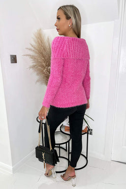 Hot Pink Wide Roll Neck Long Sleeve Fluffy Knitted Jumper