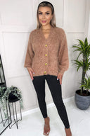 Camel Fluffy Knit Button Front Cropped Cardigan