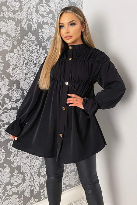 Black Long Sleeve Gathered Detail Button Up Top