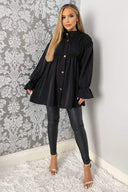 Black Long Sleeve Gathered Detail Button Up Top