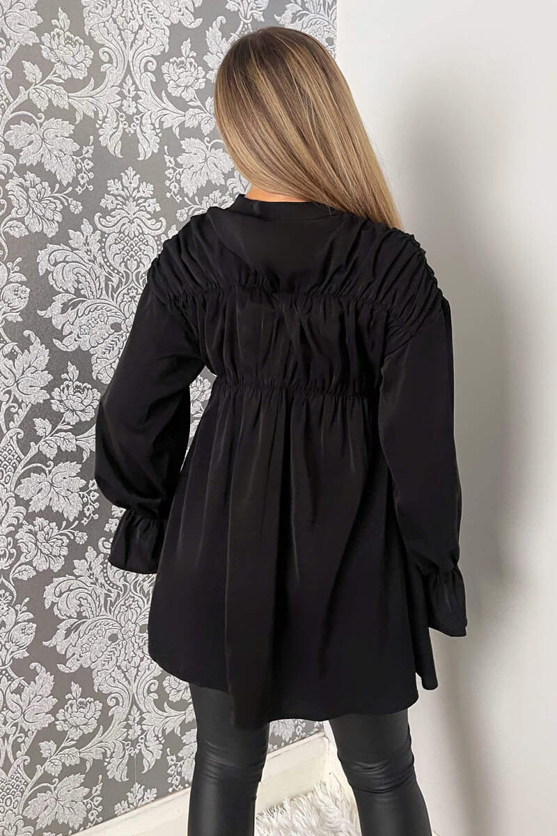 Black Long Sleeve Gathered Detail Button Up Top