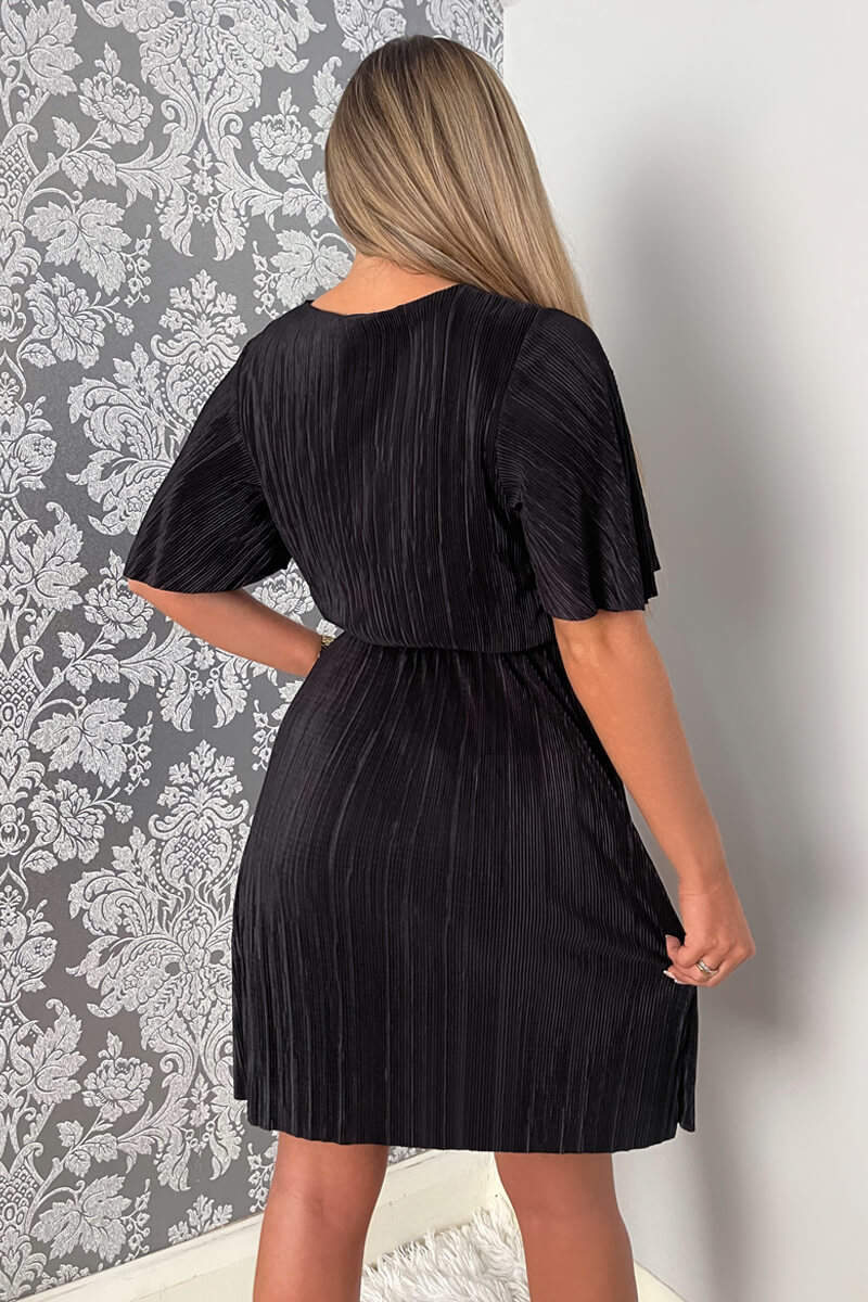 Black Wrap Top Belted Short Sleeve Plisse Mini Dress