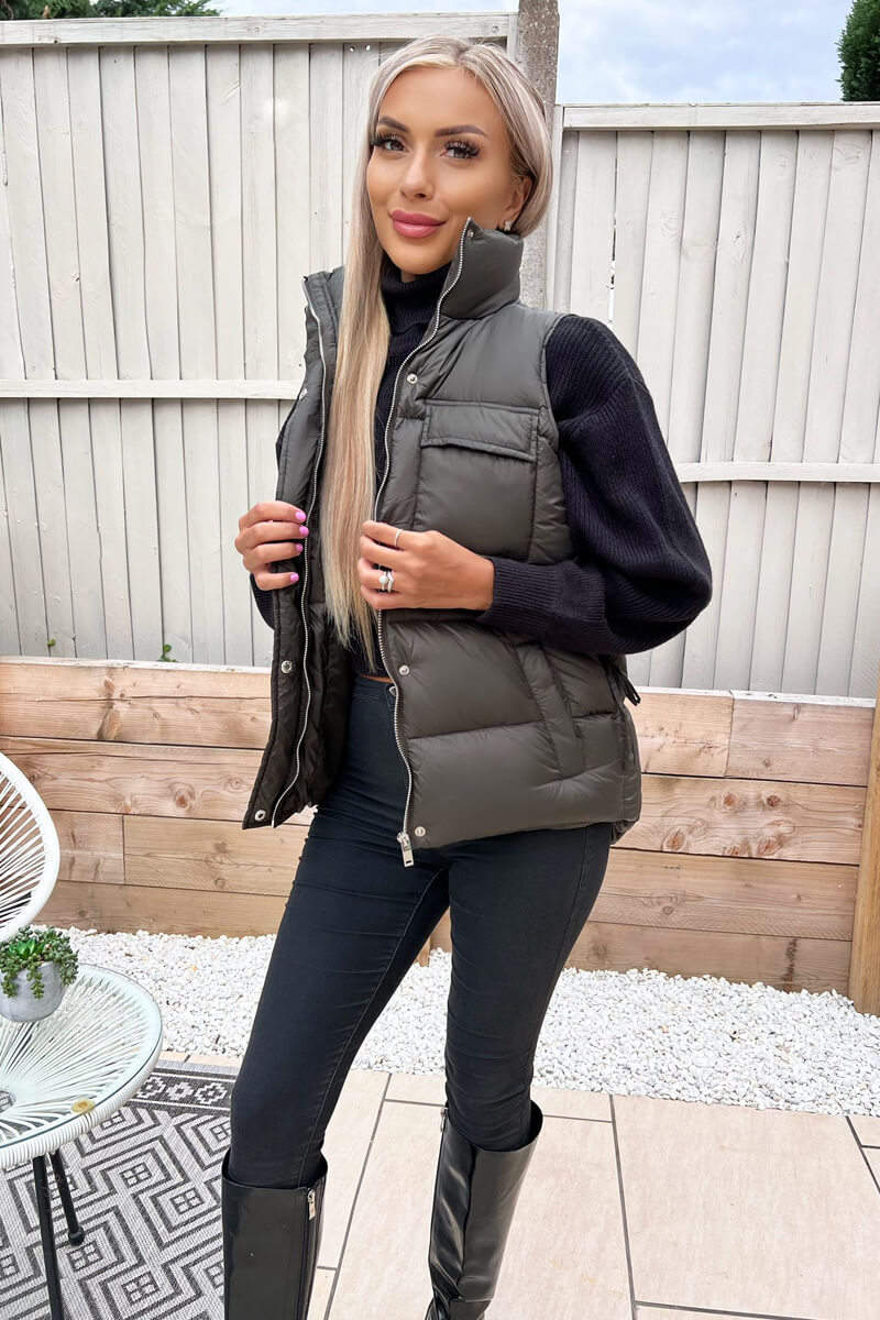 Khaki Short Padded Gilet – AX Paris