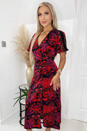 Black And Pink Printed Bell Sleeve Ruched Midi Dress