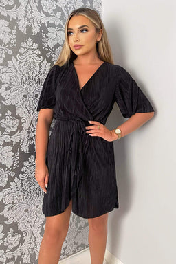 Black Wrap Top Belted Short Sleeve Plisse Mini Dress