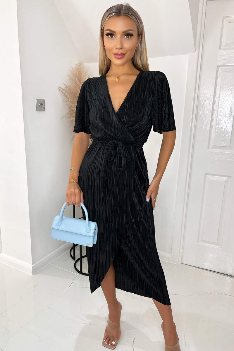 Black Wrap Top Belted Short Sleeve Plisse Midi Dress – AX Paris