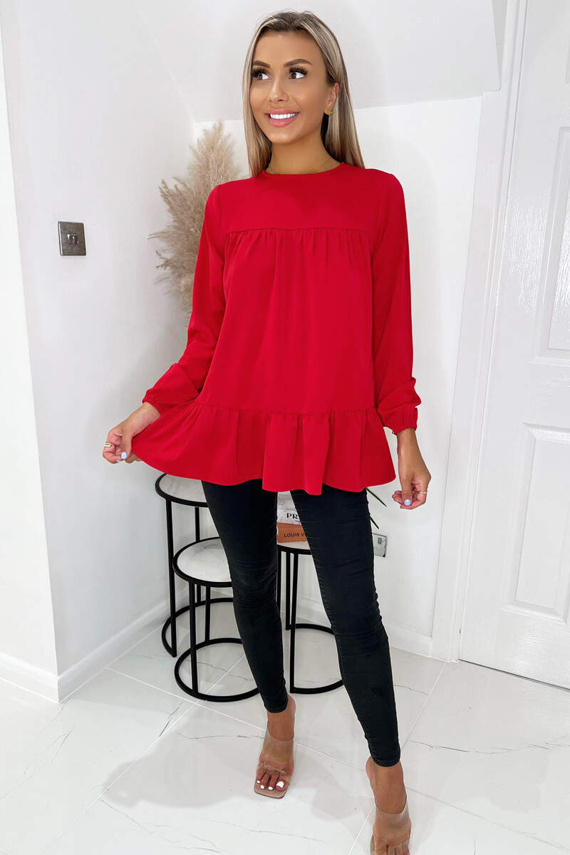 Red Long Sleeve Round Neck Smock Top