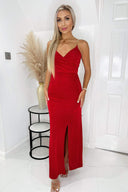 Red Wrap Top Ruched Side Chain Strap Midi Dress